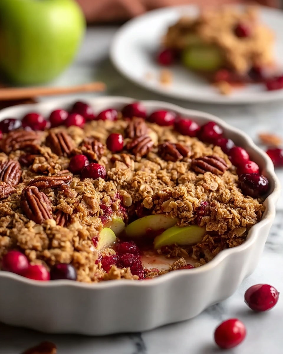 A white round dish filled with a layered dessert showing a base layer of sliced green apples, partially covered by a thick, crumbly golden oat topping studded with whole pecans and bright red cranberries scattered on top and around the edges. The dish is placed on a white marbled surface, with a bite taken out that reveals the apple slices underneath. In the background, there is a slightly blurred white plate with a piece of similar dessert, and an out-of-focus green apple. The lighting is soft, highlighting the textures and colors of the fruit and topping. Photo taken with an iphone --ar 4:5 --v 7