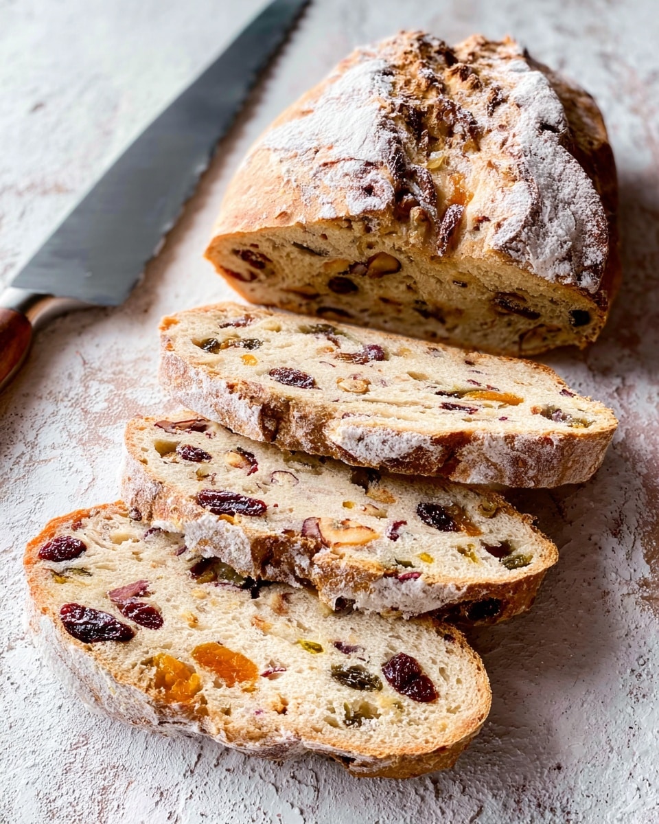 A loaf of sliced bread with a golden-brown crust dusted with white flour sits on a white marbled textured surface. The bread has a soft, light tan interior packed with layers of mixed nuts and dried fruits, such as dark red cranberries, light orange apricots, and pieces of walnut scattered evenly throughout. The slices are stacked in a slightly leaning arrangement, revealing the colorful spots inside the bread. A large knife with a serrated edge rests behind the bread. Photo taken with an iphone --ar 4:5 --v 7
