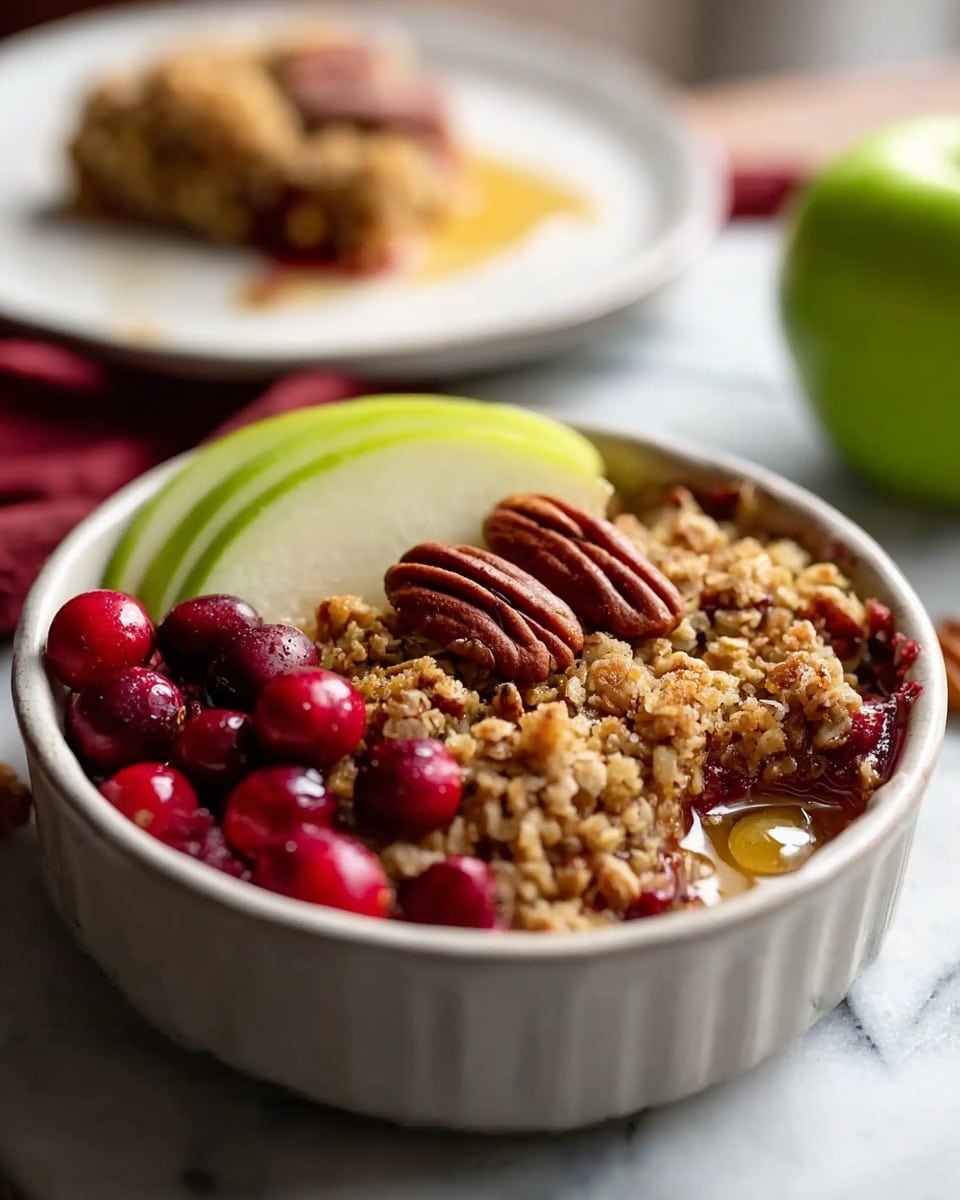 A close-up of a white bowl filled with a fruit crumble featuring a thick, golden oat topping with a rough texture, studded with whole pecans and bright red cranberries scattered on top. Underneath the crumble topping, a layer of sliced green apple wedges is visible. The bowl sits on a white marbled surface, with a whole green apple blurred in the background and a small white plate with a square piece of the crumble topped with cranberries slightly out of focus. Photo taken with an iphone --ar 4:5 --v 7