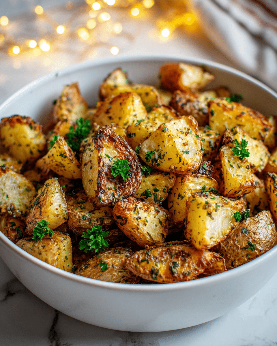 A white bowl filled with golden-brown roasted potato pieces, some halved and others cut into cubes, showing a crispy texture with herb seasoning sprinkled throughout. Small green parsley leaves are scattered on top, adding a fresh touch. The bowl rests on a white marbled surface with small warm yellow lights blurred softly in the background, creating a cozy atmosphere. Photo taken with an iphone --ar 4:5 --v 7