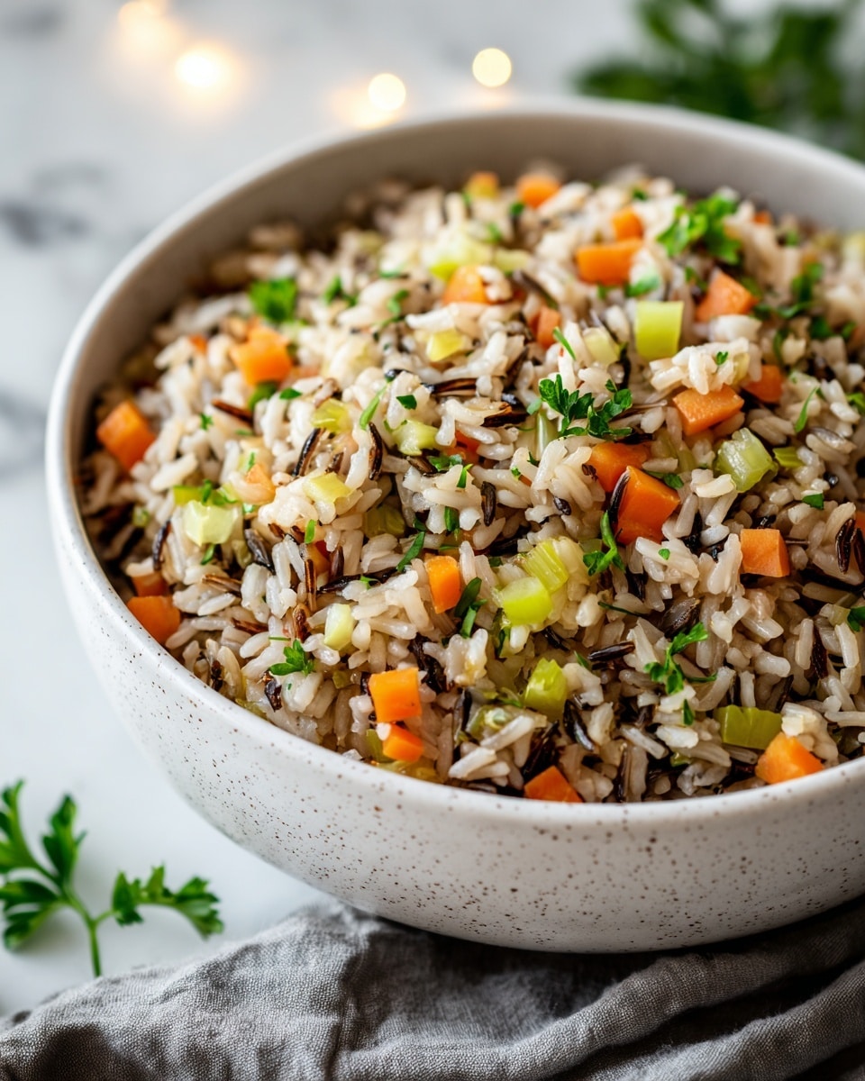 A close-up view of a white speckled bowl filled with a colorful mixture of cooked wild and white rice, diced orange carrots, and light green celery pieces, all mixed evenly. The rice grains have a soft texture with visible individual grains, while small bright green parsley leaves are sprinkled on top as garnish. The bowl sits on a soft grey cloth over a white marbled surface, with some blurred green and warm light shapes in the background. The lighting is soft, making the colors pop naturally. photo taken with an iphone --ar 4:5 --v 7