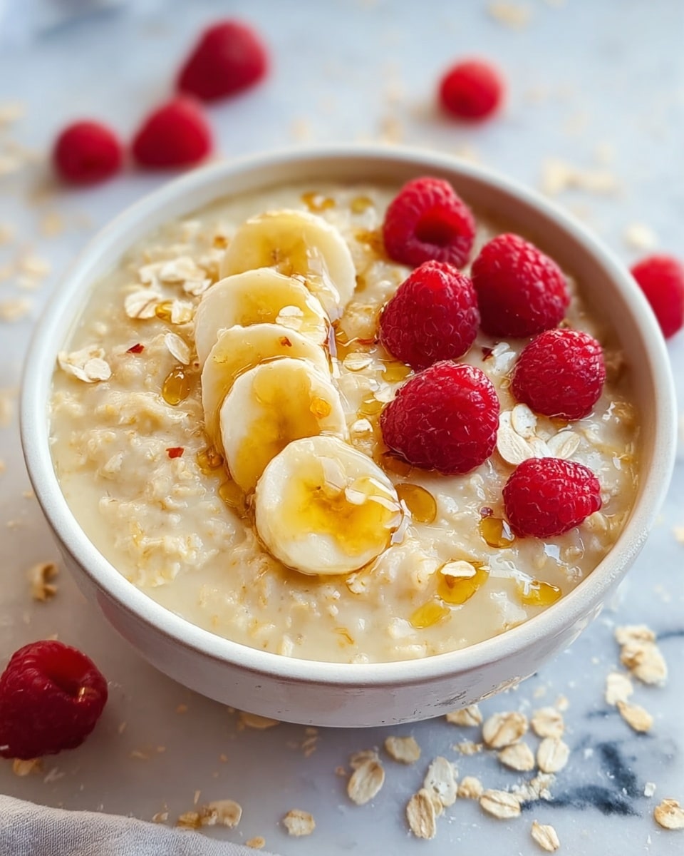 A white bowl filled with creamy, pale yellow oatmeal forms the base layer, topped with evenly spaced slices of soft banana. Scattered over the bananas and oatmeal are light-colored rolled oats, adding a rough texture to the smooth surface. Bright red raspberries sit on top and around the oats, providing a burst of color. A honey drizzle covers the top, creating a shiny, golden layer that blends slightly with the oatmeal. The bowl is placed on a white marbled surface with some loose oats and raspberries in the background. photo taken with an iphone --ar 4:5 --v 7