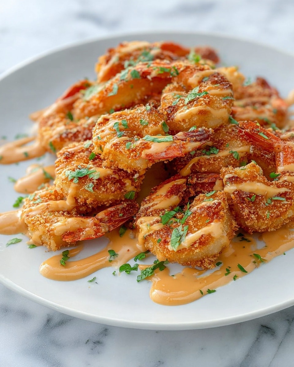 A white plate holds a pile of golden-brown breaded shrimp stacked in one layer with their tails facing out, each shrimp covered with a crunchy texture. A light orange creamy sauce is drizzled over the shrimp in a zigzag pattern, spilling slightly onto the plate. Fresh green herbs are sprinkled on top, adding small spots of contrasting color. The plate sits on a white marbled surface. photo taken with an iphone --ar 4:5 --v 7