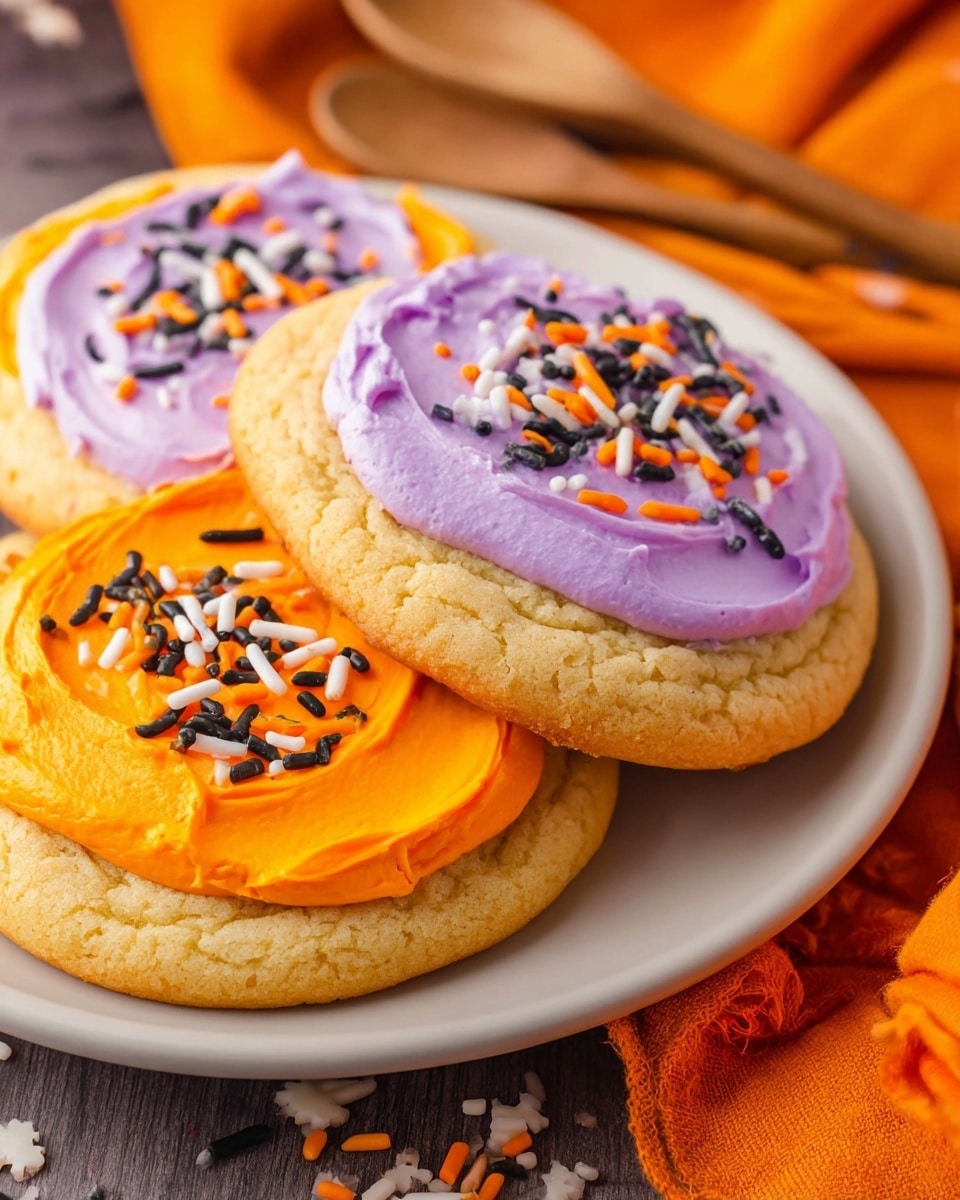 A white plate holds four large soft cookies, each topped with a thick, smooth layer of brightly colored frosting. One cookie has light green frosting sprinkled with black, white, and orange bits, while two have bright orange frosting with similar sprinkles, and the last one features purple frosting with the same sprinkles. The cookies have a golden-brown color and a slightly cracked texture around the edges. The plate sits on an orange cloth with matching sprinkles scattered around. In the background, there are wooden spoons and a white teapot on a white marbled surface. Photo taken with an iphone --ar 4:5 --v 7