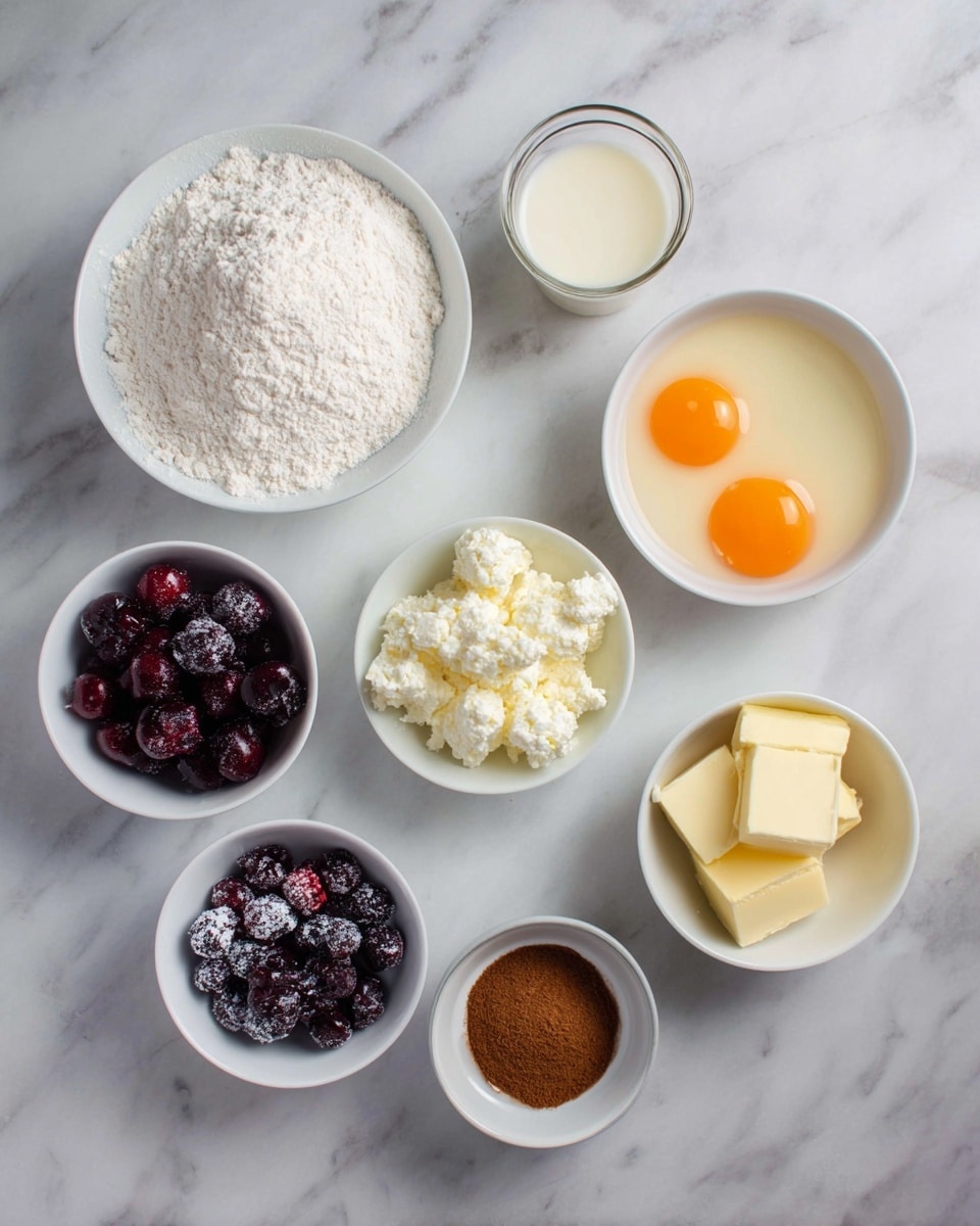 The image shows seven small white bowls arranged on a white marbled surface. The top left bowl holds white flour with a fine powder texture. To its right is a bowl of light cream-colored milk. Next to it is a bowl with two raw eggs featuring bright orange yolks floating in clear egg whites. Below, a white bowl is filled with chunky, white cottage cheese with a creamy texture. To the right, a bowl contains two small cubes of pale yellow butter. At the bottom left, a bowl contains dark purple and red frozen mixed berries with visible frost on them. Near it, a bowl holds a mix of light brown sugar, white baking powder, and a touch of white flour. A small bowl with dark brown vanilla extract is placed nearby. photo taken with an iphone --ar 4:5 --v 7