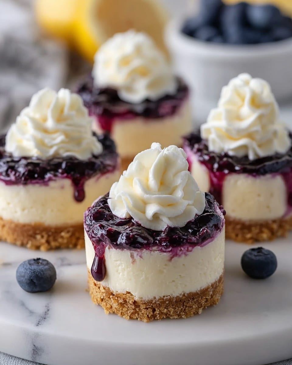 The image shows four mini cheesecakes on a white plate with a white marbled surface. Each cheesecake has three layers: a bottom layer of light brown crumbly crust, a middle layer of creamy off-white cheesecake, and a top layer of dark purple blueberry topping that slightly drips down the sides. On top of each cheesecake is a swirl of white whipped cream, shaped like a flower. In the background, there are a few blueberries and a white bowl filled with more blueberries. The focus is sharp on the front cheesecake, while the others are slightly blurred. Photo taken with an iphone --ar 4:5 --v 7