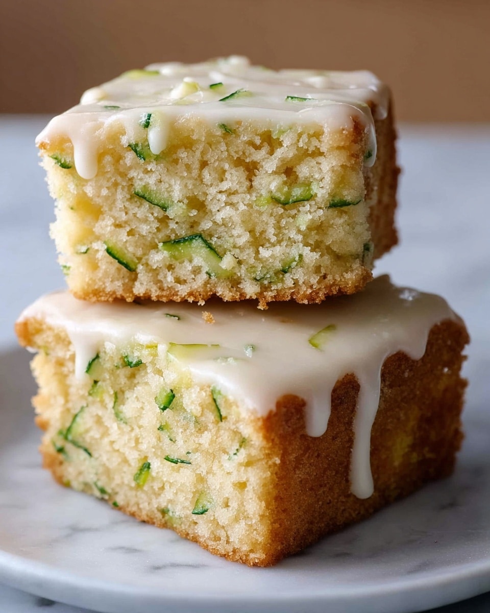 The image shows two pieces of zucchini cake stacked on a white plate, placed on a white marbled surface. Each cake piece has a thick, soft texture with small green zucchini bits spread evenly throughout the light yellow crumb. The top layer is covered with a smooth, creamy white glaze that drips slightly down the sides. The bottom edge of the cake has a light brown, slightly crispy crust. The close-up view highlights the moist and tender inside with clear zucchini pieces. Photo taken with an iphone --ar 4:5 --v 7