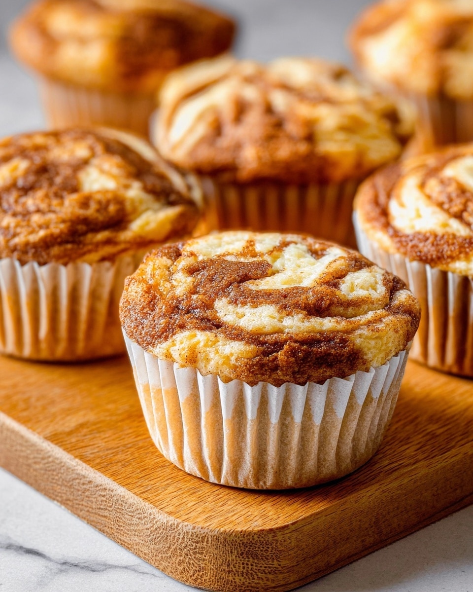 The image shows several cinnamon swirl muffins placed on a wooden cutting board over a white marbled surface. Each muffin is wrapped in white ridged paper liners, featuring a textured top with visible swirls of brown cinnamon mixed with light beige cake batter, creating a marbled effect. The muffins have a soft, slightly cracked surface with a golden-brown and creamy color contrast, and their cylindrical shape is slightly puffed at the top. The overall look is warm and inviting. photo taken with an iphone --ar 4:5 --v 7