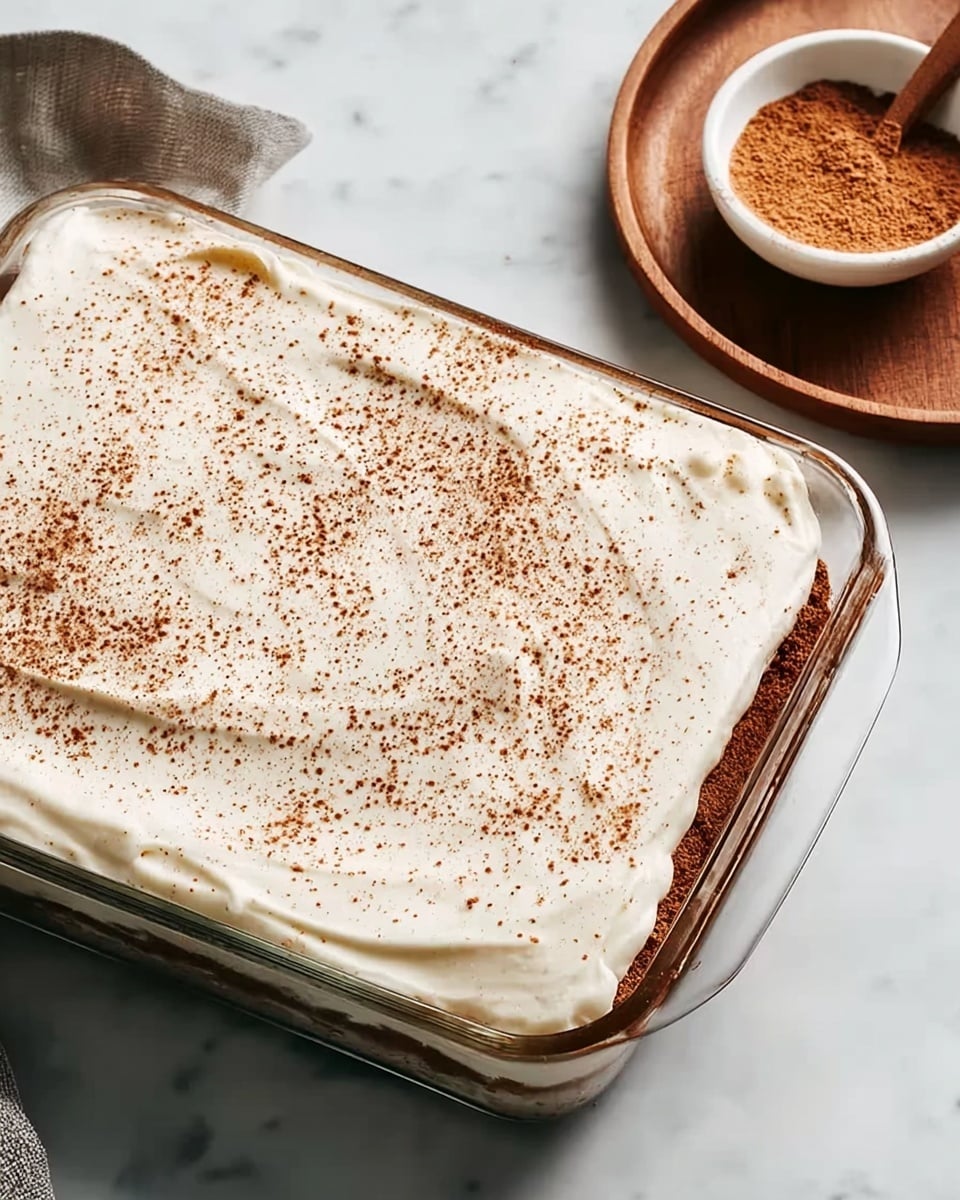 A rectangular glass baking dish sits on a white marbled surface. Inside, the dessert has two visible layers: the base layer is a rich brown color, appearing moist and dense, while the top layer is a thick, smooth white cream spread evenly across the top. The cream layer is decorated with a light sprinkling of finely ground brown spice, adding a speckled texture to the otherwise smooth surface. A small round white bowl filled with brown powder sits on a wooden tray partly visible in the upper right corner. photo taken with an iphone --ar 4:5 --v 7
