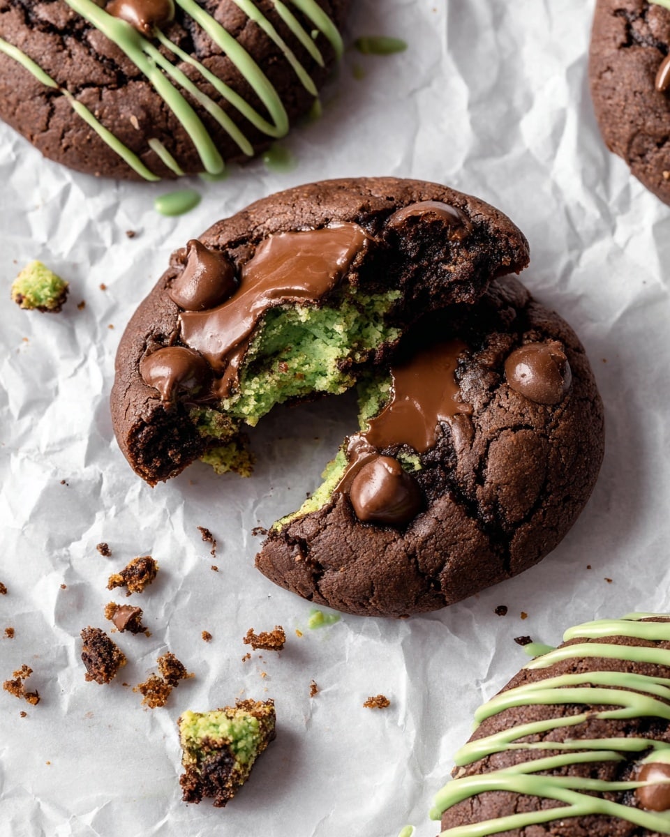 Seven thick, round chocolate cookies are placed on crumpled white parchment paper over a white marbled surface. Each cookie has a rough, cracked texture with scattered light brown chocolate chips embedded. Four of the cookies are decorated with thin, bright green drizzle lines arranged diagonally or crisscrossed on one side, contrasting with the dark brown cookie base. Small crumbs and chocolate chips are scattered around the cookies, adding a casual, homemade feel. photo taken with an iphone --ar 4:5 --v 7