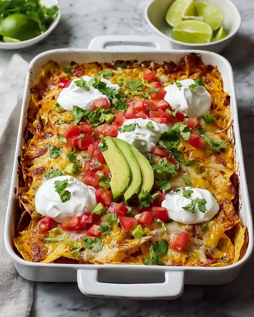 A white rectangular baking dish filled with a colorful layered nacho bake sits on a white marbled texture. The bottom layer is crispy, golden corn tortilla chips, topped with melted yellow and white cheese that looks gooey and soft. On top of the cheese, there are evenly spread bright red diced tomatoes and small green chunks of avocado. Several dollops of white sour cream sit on the dish, each garnished with fresh green cilantro leaves. A wedge of avocado is placed near the center. In the background, there is a white bowl with lime wedges. photo taken with an iphone --ar 4:5 --v 7