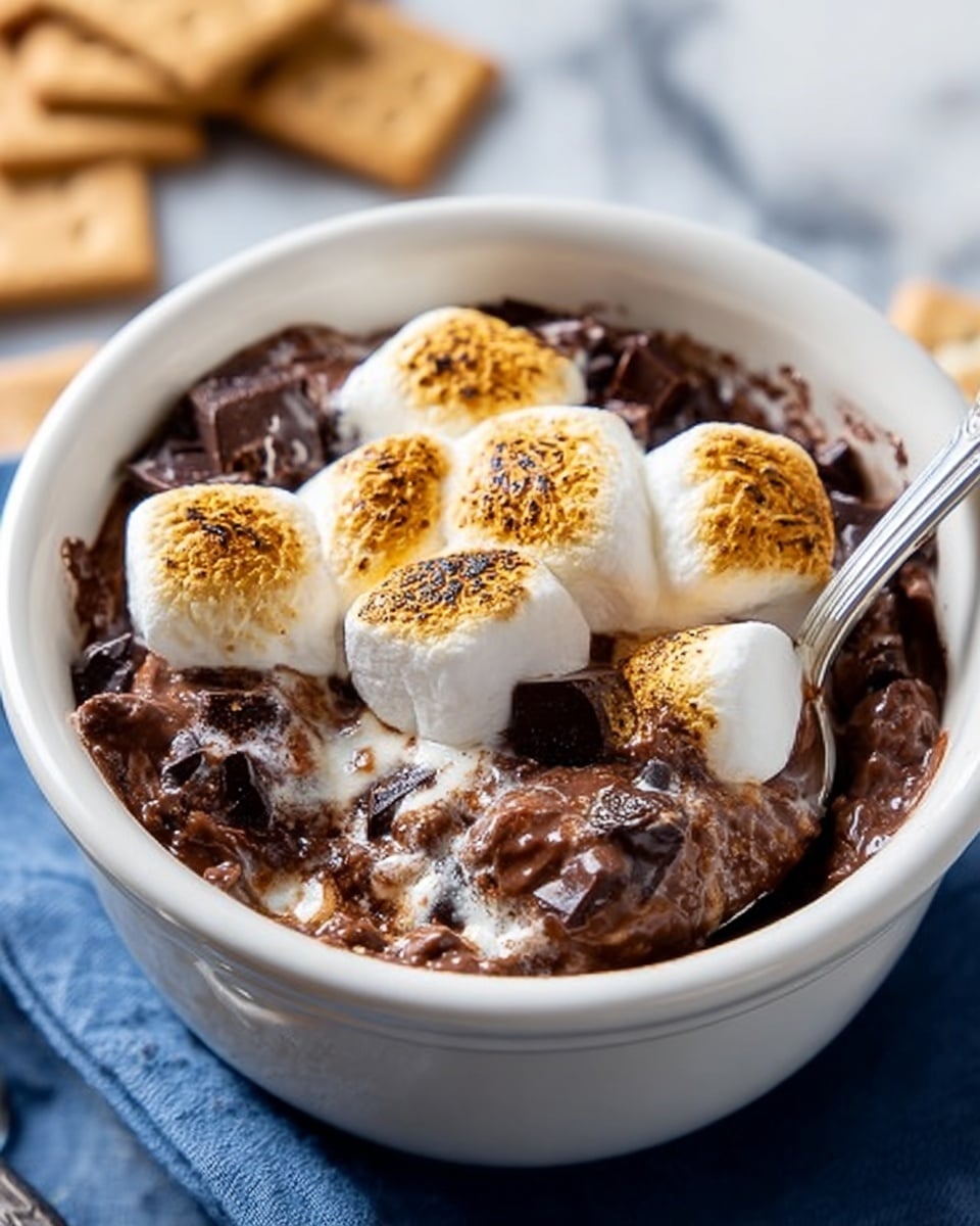 The dish is a baked dessert in a clear glass rectangular tray with melted, browned marshmallows on the top layer, showing a soft, toasted texture with golden and darker brown spots. Underneath the marshmallows, there are visible dark chocolate chunks that are partially melted, tucked between the white marshmallow tops. The dessert has at least two layers: the bottom layer is dark and dense, likely a chocolate base, topped by the thick, pillowy marshmallow layer with melted chocolate pieces embedded on the surface. The tray sits on a white marbled surface, and there are chocolate wrapper packs in the background. Photo taken with an iphone --ar 4:5 --v 7