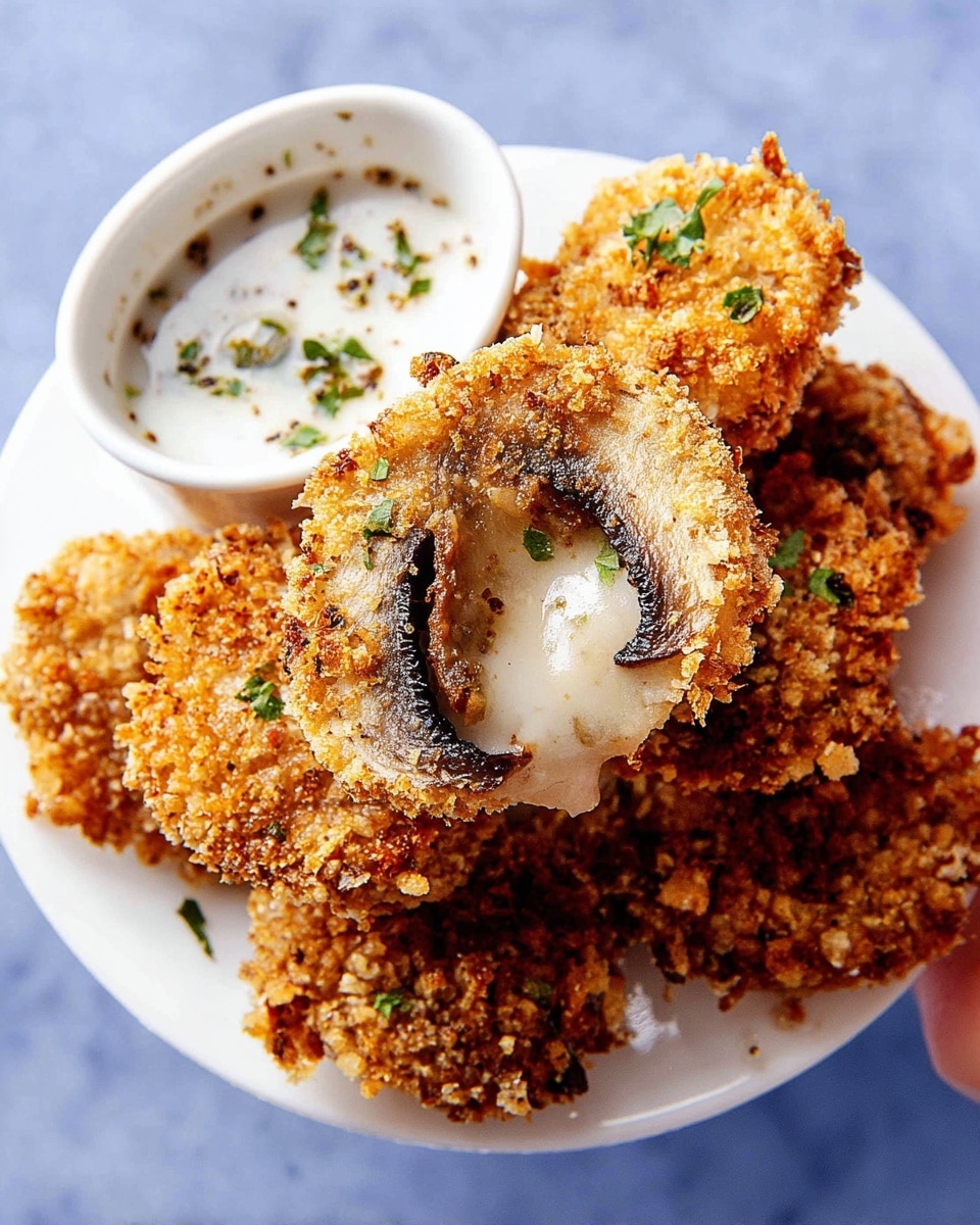 A white plate filled with a pile of golden-brown crispy fried mushroom slices, each piece coated in a crunchy breading with visible texture; the mushrooms have a mix of light tan and dark brown colors showing through. Small green herb bits are sprinkled on top for a fresh look. On the side of the plate sits a white ramekin filled with creamy white dipping sauce dotted with green herb pieces. The plate is set on a white marbled surface. photo taken with an iphone --ar 4:5 --v 7