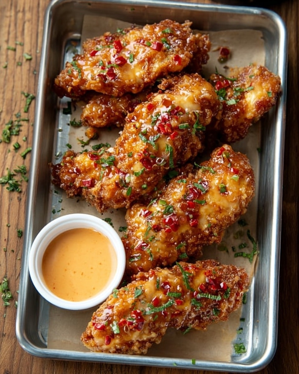A simple metal tray holds five pieces of crispy fried chicken tenders, each coated with a shiny, sticky glaze that has small red chili flakes and chopped green herbs on top. The chicken pieces are golden brown with a crunchy texture, and a small round white dish filled with a light orange dipping sauce sits at the bottom left corner of the tray. The tray is placed on a wooden surface with some scattered green herbs around it. photo taken with an iphone --ar 4:5 --v 7