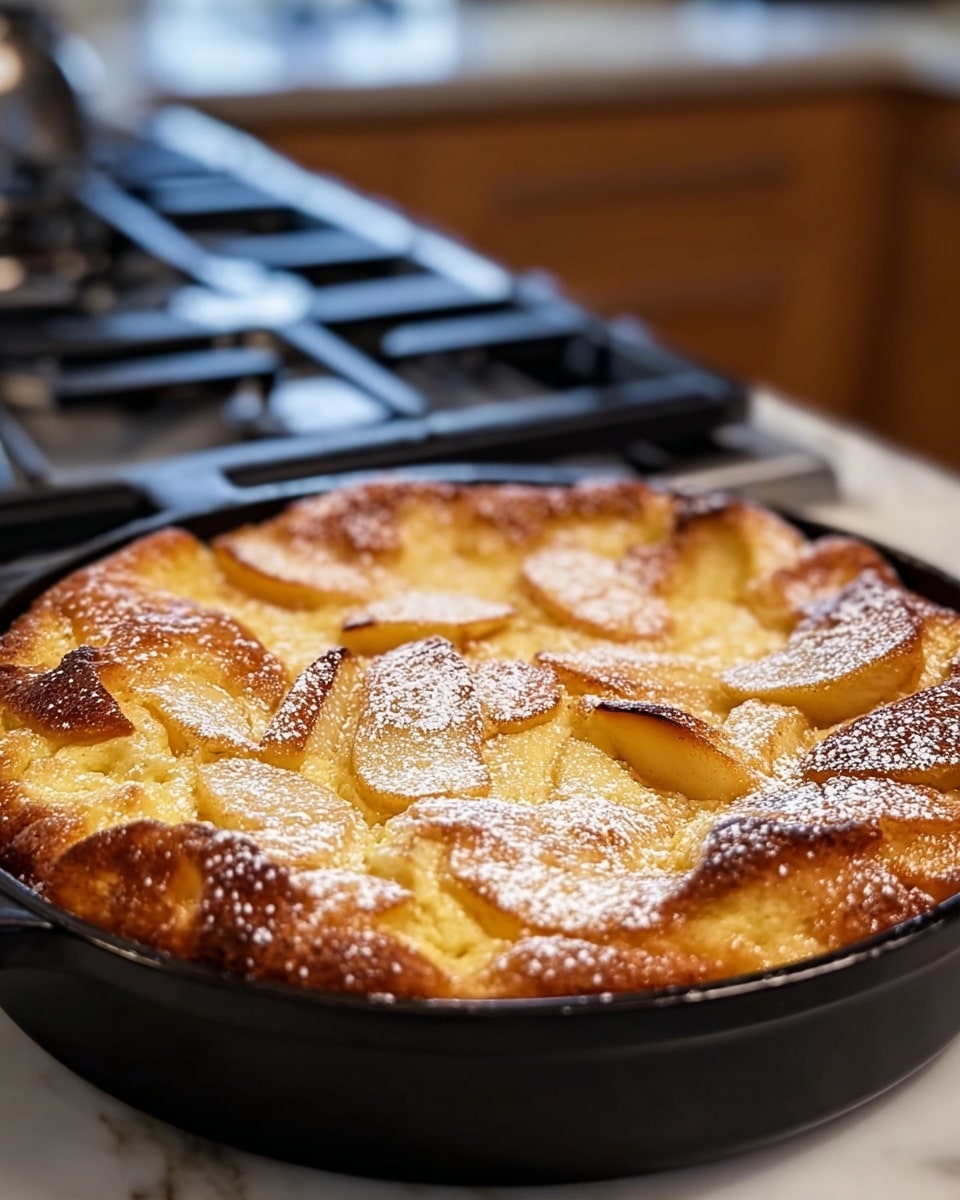 A round, golden-brown baked dish in a black pan, featuring thinly sliced apple pieces nestled in a fluffy, slightly puffed batter that has browned edges and light caramel spots. The surface is sprinkled with fine white powdered sugar, which contrasts softly against the warm tones of the baked apples and crust. The dish sits on a white marbled surface with a blurred kitchen stove in the background. photo taken with an iphone --ar 4:5 --v 7