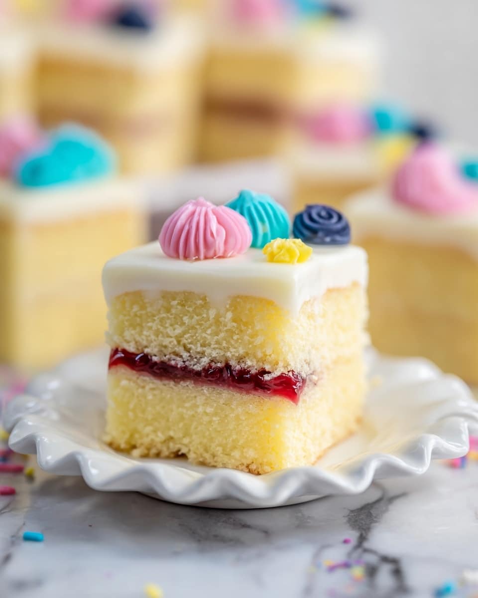 This image shows a small square cake with three layers: the bottom layer is dense pale yellow cake, the middle layer is light yellow cream, and the top layer is pale yellow cake with a thin red fruit filling in the middle. The whole cake is covered in smooth white icing. On top, there are small dollops of colorful frosting in pink, dark blue, and light blue, with tiny decorative touches. The cake sits on a white scalloped plate, placed on a surface with a white marbled texture, and there are more similar cakes blurred in the background. photo taken with an iphone --ar 4:5 --v 7