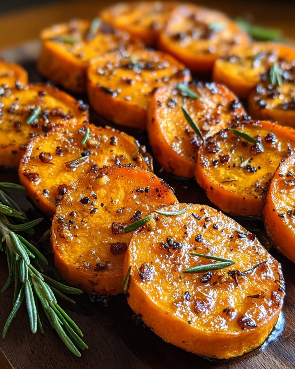 Close-up of thick, round slices of roasted sweet potato arranged in three rows on a dark wooden board, each slice showing a bright orange color with a slightly charred, crispy surface. The slices are seasoned with coarse black pepper and small bits of rosemary scattered on top, adding a green contrast to the rich orange. A few sprigs of fresh rosemary lie on and around the sweet potato slices, and the glossy oil coating reflects light, enhancing the caramelized texture. Photo taken with an iphone --ar 4:5 --v 7
