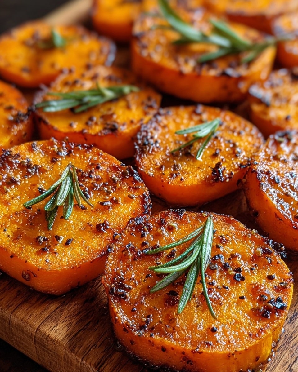 The image shows several round slices of roasted orange sweet potatoes arranged closely on a wooden board, each slice with a crispy, slightly charred surface speckled with black pepper and spices. On top of each sweet potato round lies a small sprig of fresh green rosemary, adding a touch of vibrant contrast to the warm orange tones. The sweet potatoes appear glossy and well-seasoned, with a textured outside indicating they are roasted to a perfect caramelized finish. The wooden board beneath them has a rich brown color that complements the orange of the sweet potatoes, and the focus is close-up on the nearest slices highlighting their texture and seasonings. Photo taken with an iphone --ar 4:5 --v 7