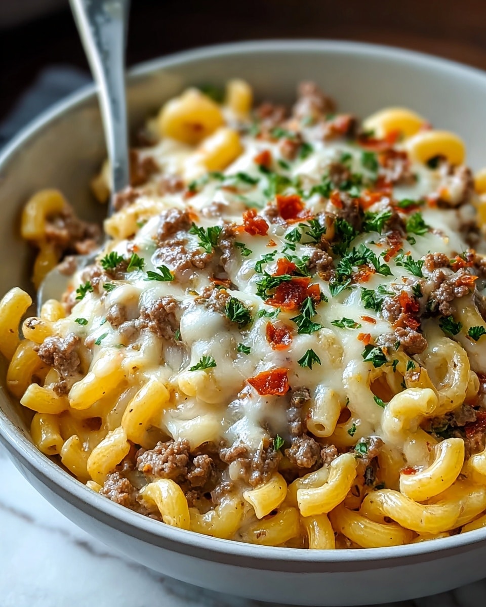 The dish shows a close-up of cooked pasta mixed evenly with ground beef, melted cheese, and small chunks of red tomato. The pasta is tube-shaped, yellow, and soft, layered throughout the plate. The ground beef is brown and crumbly, scattered generously over the pasta. The melted cheese appears white and creamy, holding the ingredients together with a smooth texture. Green parsley bits are sprinkled on top, adding color contrast. All these ingredients are served in a white bowl placed on a white marbled surface. photo taken with an iphone --ar 4:5 --v 7