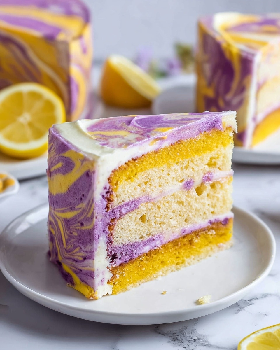 Four round cake layers rest on a black cooling rack placed over a white marbled surface. Each cake layer is about one inch thick and displays a swirl pattern mixing yellow and purple colors softly blended together across the top. The edges of the cakes are slightly browned, showing a golden crust. The texture looks soft and moist with a smooth, even surface and the swirl designs vary slightly from layer to layer, creating a natural, artistic effect. photo taken with an iphone --ar 4:5 --v 7