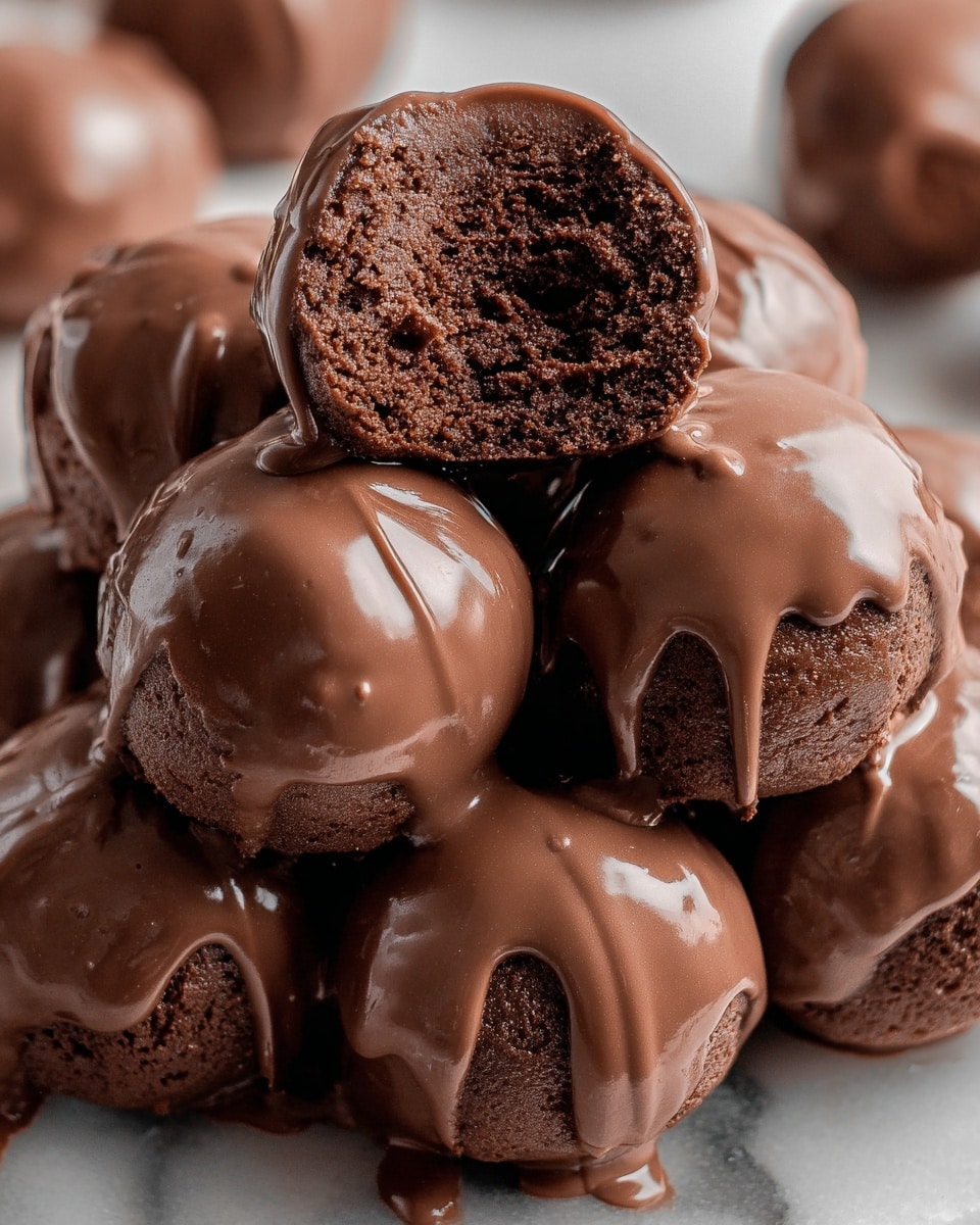 A close-up view of a pile of round chocolate cake balls stacked on a white marbled surface, each ball coated with a smooth layer of glossy milk chocolate that drips slightly down the sides. The top cake ball has a bite taken out of it, showing a soft, dense, and fudgy dark brown inside. The texture of the cake balls is slightly crumbly but moist, with a rich chocolate color. The lighting highlights the shine on the chocolate glaze, creating a rich and appetizing look. photo taken with an iphone --ar 4:5 --v 7