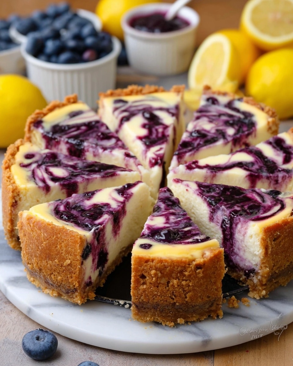 A slice of cheesecake with three layers is shown; the bottom layer is a crumbly light brown crust, the middle layer is thick creamy white cheesecake with swirls of purple blueberry sauce mixed throughout, and the top layer has more visible swirling of purple blueberry sauce creating a marbled effect. A piece from the cheesecake slice is lifted by a silver fork, showing the creamy texture mixed with blueberries. The cheesecake sits on a white plate with a green herb garnish and some fresh blueberries beside it on a white marbled surface, with blurred blueberries and a cut lemon in the background. Photo taken with an iphone --ar 4:5 --v 7