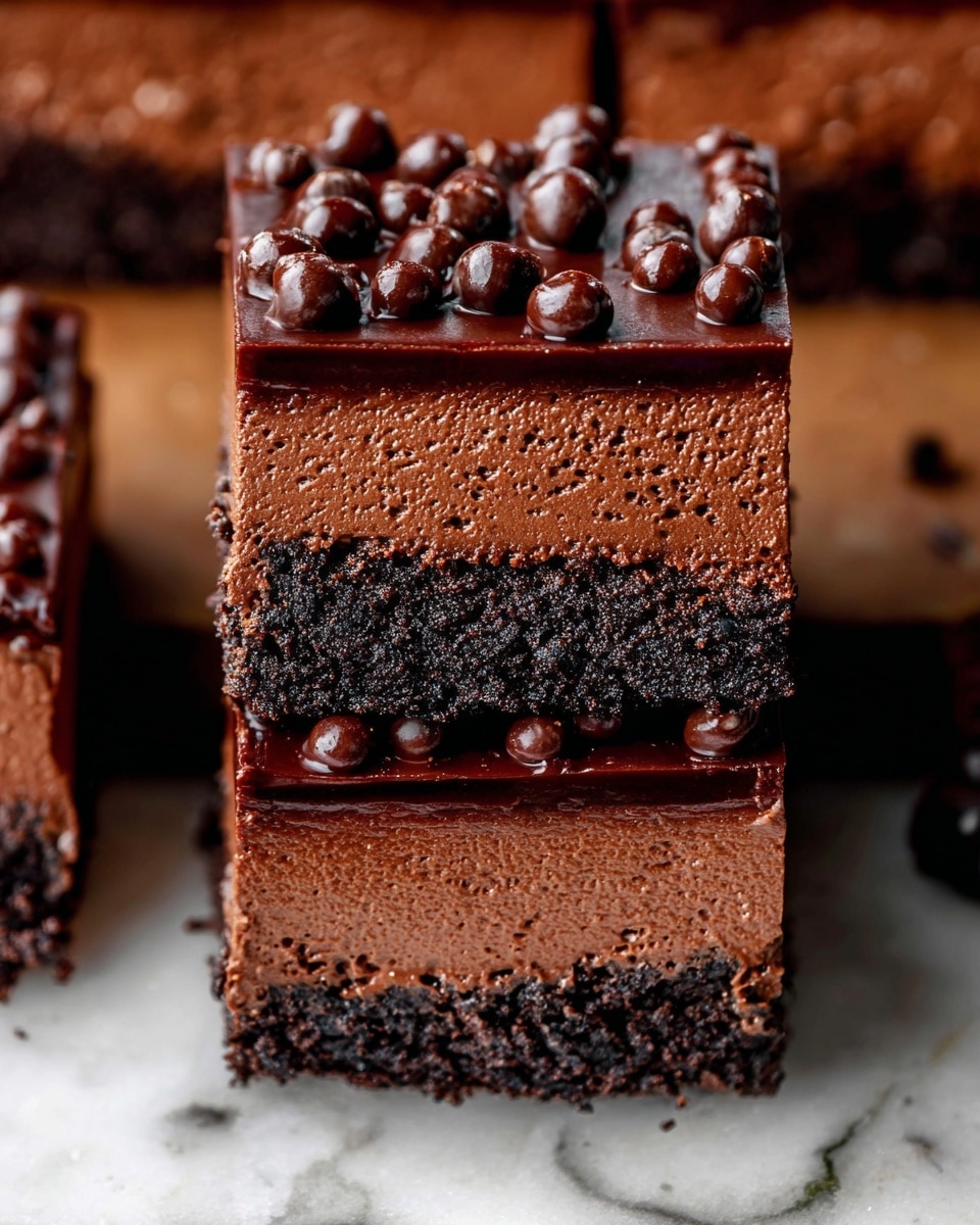This image shows two stacked square pieces of chocolate cake on a white marbled surface. Each piece has three layers: the bottom layer is a dark, crumbly chocolate base resembling a cookie crust; the middle layer is a thick, smooth chocolate mousse with a rich, slightly textured look; the top layer is a glossy, darker chocolate ganache, decorated with small round chocolate balls that add texture and visual interest. The sides are cleanly cut, showing sharp layers, and the background includes more similar cake pieces partially visible. The overall look is moist, rich, and indulgent. photo taken with an iphone --ar 4:5 --v 7