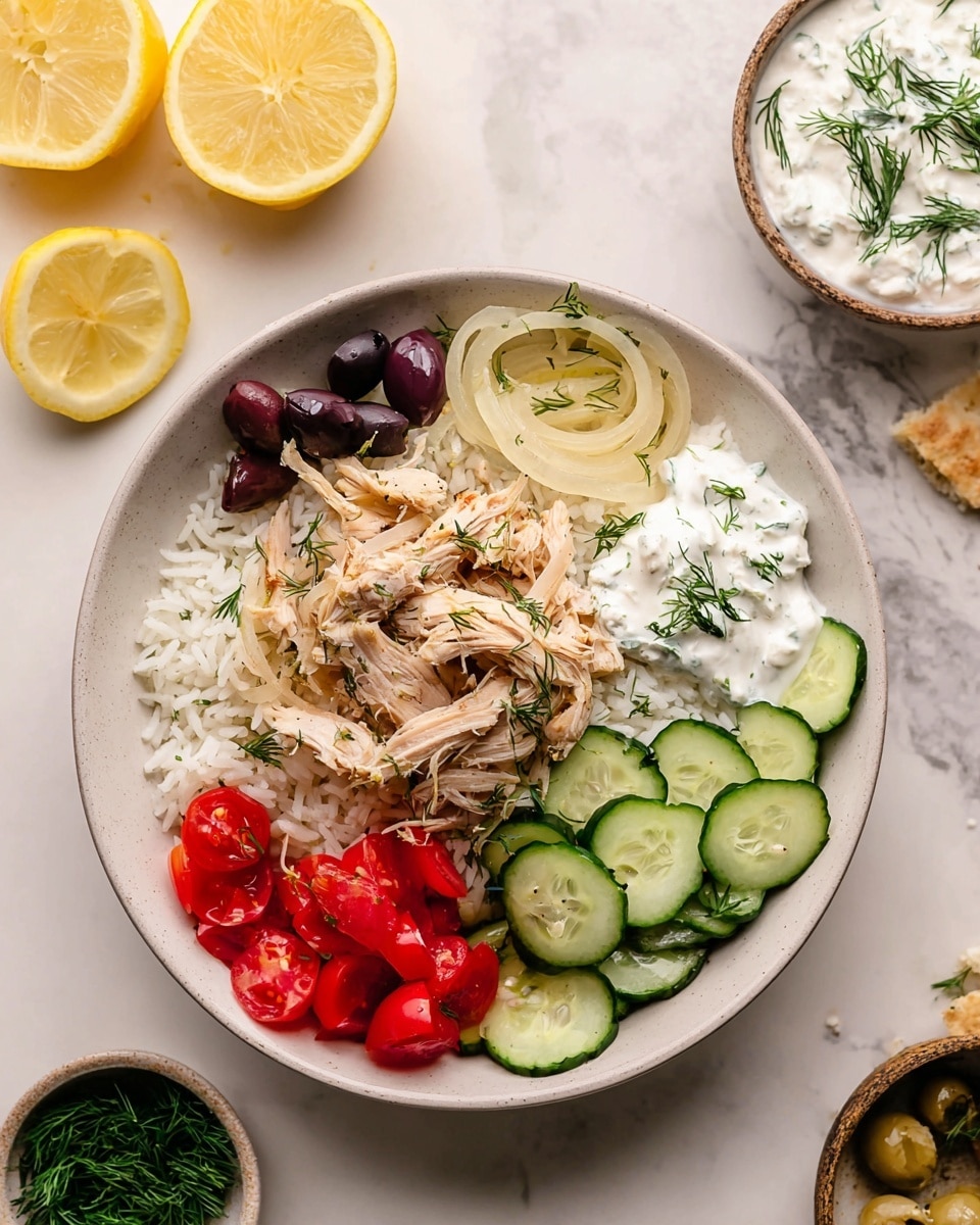The dish is served in a white bowl filled with a base layer of fluffy white rice. On top, shredded light brown cooked chicken is scattered in a loose pile, surrounded by softened, translucent rings of cooked onions with herbs. Fresh cucumber slices in a light green shade with a glossy texture fan out on one side, accompanied by small black olives and chopped red tomatoes adding bright color. A dollop of white creamy sauce with green herb flecks and small sprigs of fresh dill rests near the chicken. The bowl is placed on a white marbled surface with sliced yellow lemons and small bowls of green herbs nearby. Photo taken with an iphone --ar 4:5 --v 7