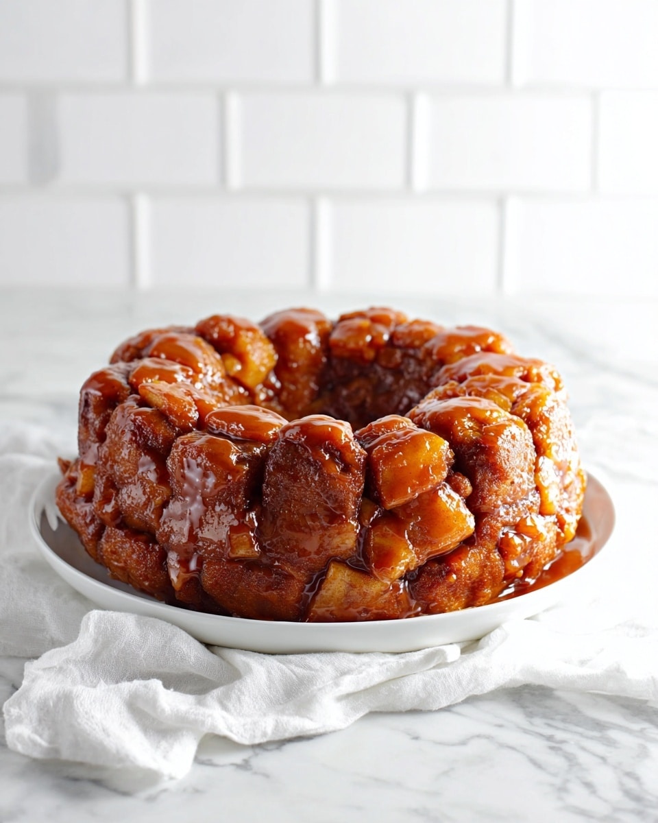 A shiny, sticky monkey bread sits on a white plate, arranged in a ring shape with a large hole in the middle. The bread pieces are layered thickly, coated in a glossy caramel sauce giving it a rich brown color with darker spots where the sauce pools. Small chunks of caramelized apples are mixed throughout the layers, adding a soft texture contrast and lighter golden hues. The plate rests on a soft, white cloth with subtle folds, all placed on a white marbled surface with a blurred white tiled wall in the background. photo taken with an iphone --ar 4:5 --v 7