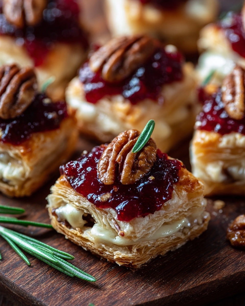 The image shows several small round puff pastry bites with three visible layers: a light golden-brown flaky base, a creamy white melted cheese layer in the middle, and a thick, bright red cranberry sauce on top. Each piece is topped with a mix of whole and chopped brown pecans and a few thin green rosemary sprigs scattered over the pastries and around them. The pastries are displayed closely together on a brown wooden board, which sits on a white marbled surface. photo taken with an iphone --ar 4:5 --v 7