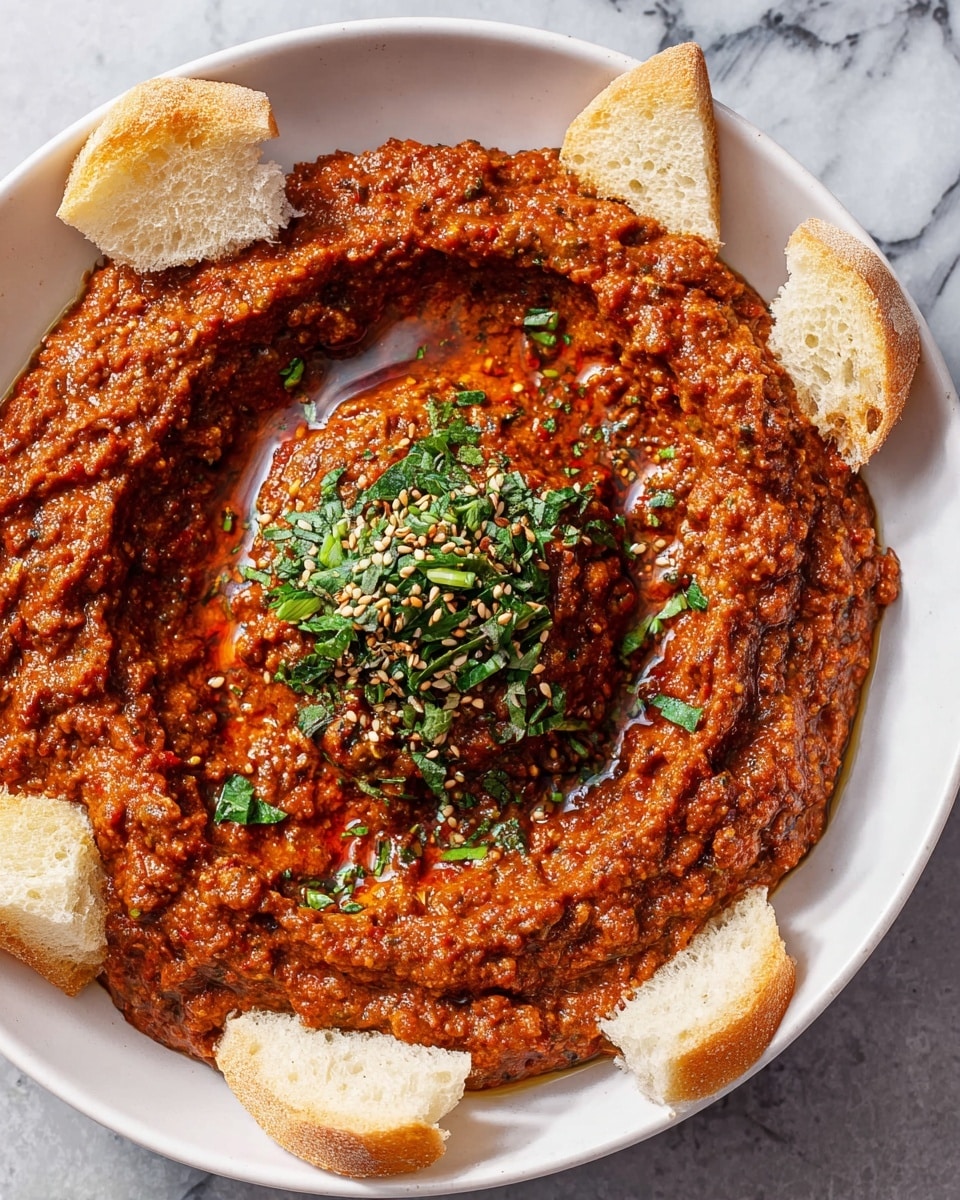 A white round plate holds a thick, chunky reddish-brown dip spread in a swirled circular pattern, with a deeper well in the center filled with finely chopped fresh green herbs topped with small tan sesame seeds. Around the dip, pieces of lightly browned pita bread wedges are arranged, partially overlapping the edge of the dip. The texture of the dip shows small bits of herbs and seeds, giving it a rustic look. The plate is set on a white marbled surface. Photo taken with an iphone --ar 4:5 --v 7