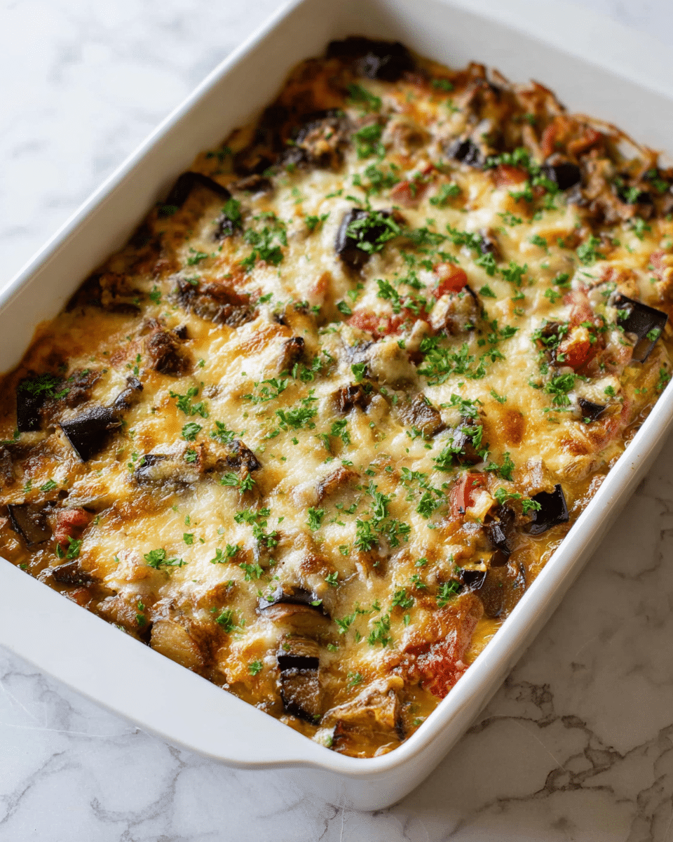 A white rectangular baking dish filled with a baked layered casserole, showing a top layer of melted golden and white cheese with light browning, scattered with finely chopped green herbs. Beneath the cheese, chunks of dark purple eggplant, light yellow potatoes, and small pieces of red tomato are visible, mixed in a creamy, textured sauce. The dish sits on a surface with a white marbled texture. photo taken with an iphone --ar 4:5 --v 7