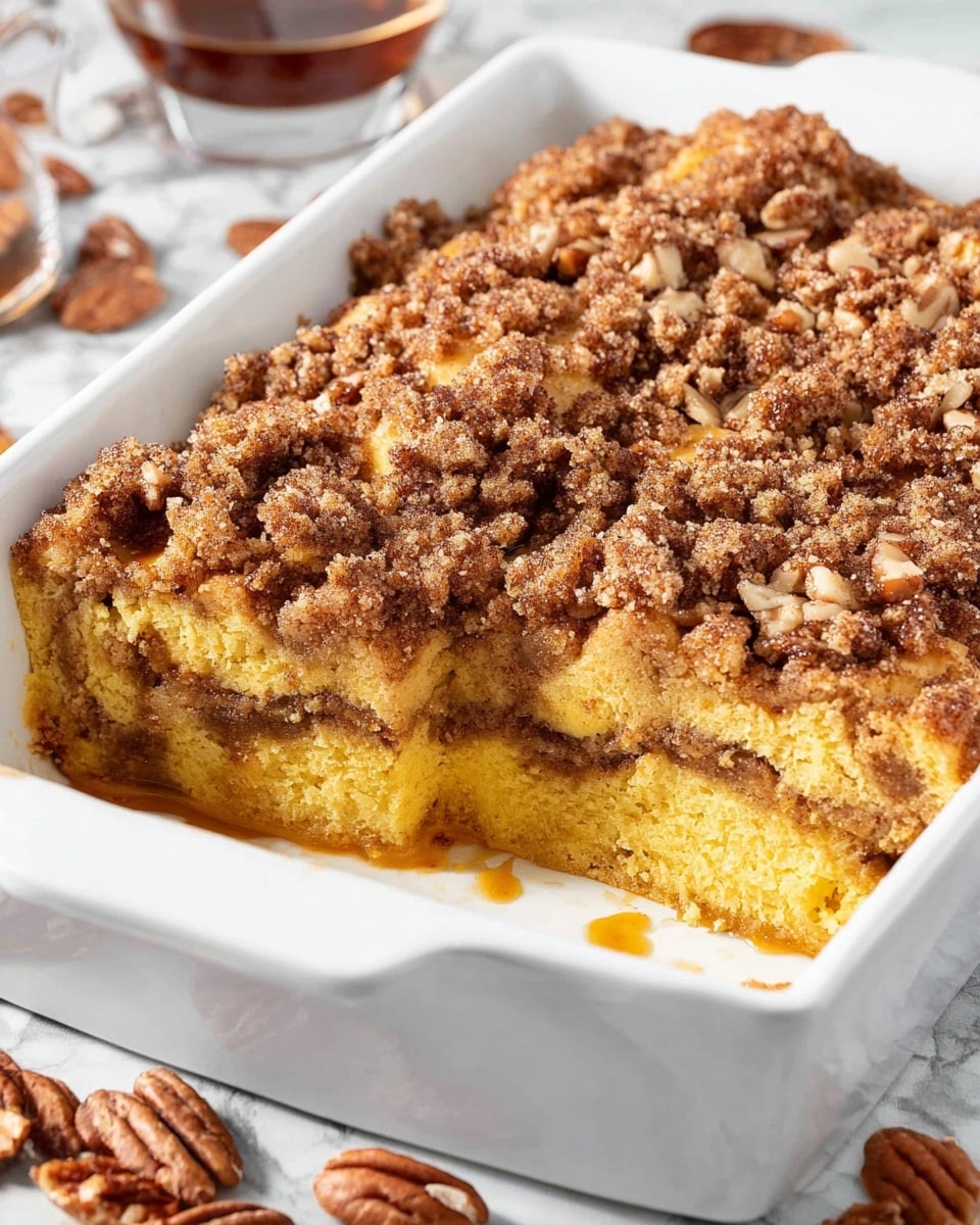 A white rectangular baking dish filled with a baked dessert that has three clear layers: the bottom layer is golden yellow and soft, the middle layer is slightly darker with swirls of cinnamon, and the top layer is a thick crumbly streusel topping mixed with chopped pecans in brown and beige shades. A section has been cut out, revealing the inside layers and textures. The dish rests on a white marbled surface with some pecans scattered around. photo taken with an iphone --ar 4:5 --v 7