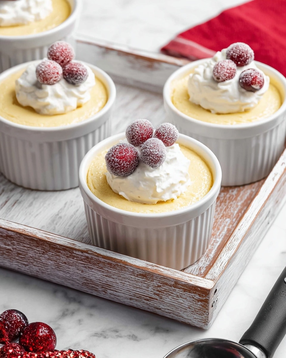 Three white ribbed ramekins each hold a smooth, creamy yellow pudding that fills nearly to the top with a soft, slightly shiny texture. Each ramekin is topped with a dollop of white whipped cream and two sugared red cranberries, adding a frosted look and a pop of contrasting color. The ramekins are placed on a white wood textured serving tray with faint gray lines and a slightly worn finish, arranged close to each other. The scene includes a blurred red napkin on the right side and part of a black kitchen utensil handle at the bottom, all set against a white marbled surface. photo taken with an iphone --ar 4:5 --v 7