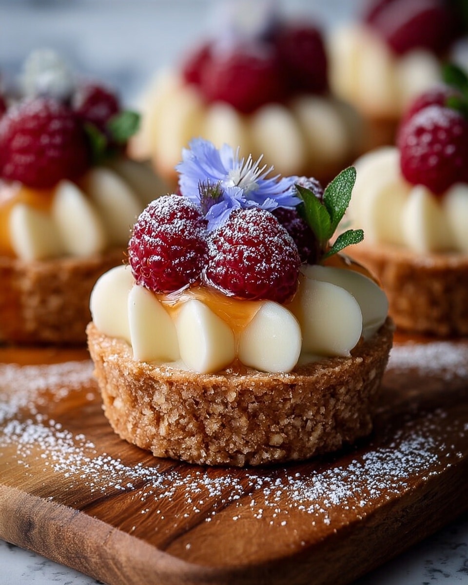 A close-up of small tartlets on a wooden board, each tartlet has three layers: the bottom layer is a crumbly light brown crust with visible texture; the middle layer is smooth, creamy white filling shaped in soft curved peaks covering the crust; the top layer has three bright red raspberries with a sprinkling of white powdered sugar, golden syrup dripping gently down the cream, and a small delicate blue flower with green leaves on top. The board has scattered powdered sugar on it, and the background is softly blurred with a white marbled texture visible. photo taken with an iphone --ar 4:5 --v 7