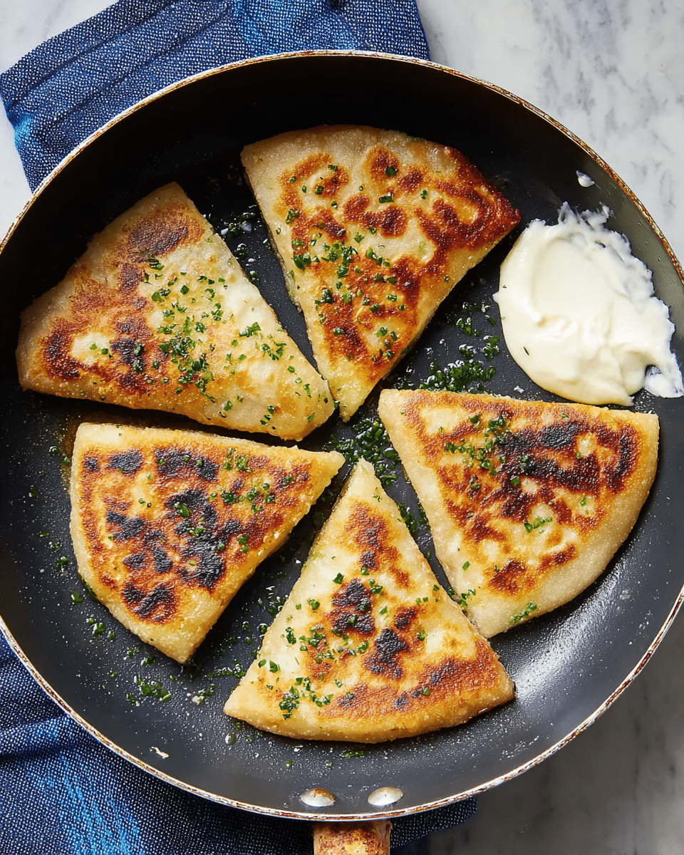 In a black frying pan, there are five triangular pieces of golden-brown fried dough arranged in a circle with some green herb sprinkles on top. Each triangle has a crispy texture with dark brown spots showing where it has been browned. On the right side of the pan, there is a small dollop of white creamy sauce, slightly melted around the edges. The pan rests on a blue and white towel, all placed on a white marbled surface. photo taken with an iphone --ar 4:5 --v 7