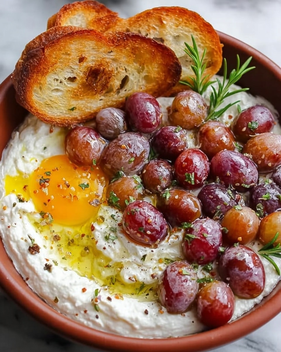 A brown bowl filled with a creamy white spread at the bottom, topped with a bright yellow layer of olive oil pooling around an open sunny-side-up egg with a runny yolk. On one side, there is a cluster of roasted grapes in shades of deep purple and reddish-brown, garnished with sprigs of fresh green rosemary. Around the edges of the bowl, there are small round toasted bread slices with a golden-brown crust. The bowl sits on a white marbled surface. Photo taken with an iphone --ar 4:5 --v 7