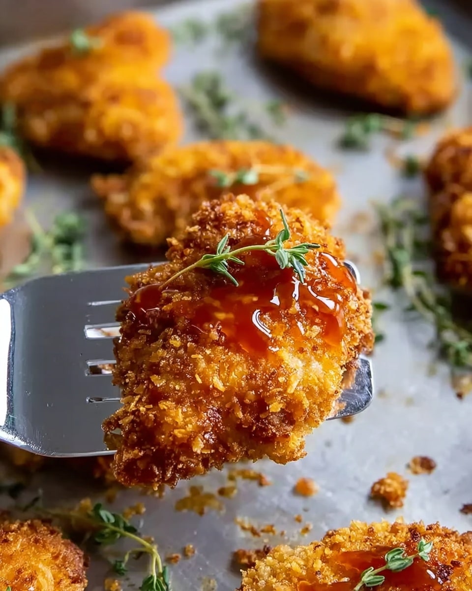 A close-up view of a golden-brown, crispy fried piece of chicken held by a shiny metal spatula, showing a crunchy texture with small, crunchy crumbs all over. The top of the chicken is drizzled with a glossy reddish-orange sauce and garnished with fresh green thyme sprigs. In the background, more pieces of similar fried chicken sit on a lightly oiled baking tray, with tiny scattered crumbs around, all against a white marbled texture. The photo has a warm, inviting look, emphasizing the crispy coating and fresh herbs. photo taken with an iphone --ar 4:5 --v 7
