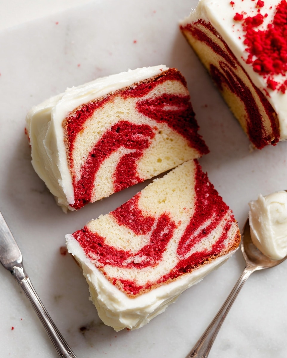 Two slices of red and white marbled cake lie on a white marbled surface, each slice showing a mix of bright red and pale cream layers swirled together in a pattern. The top of each slice is covered with a smooth, thick layer of creamy white frosting. Next to the slices is a silver spoon with a dollop of the same white frosting. In the corner, part of the frosted main cake is visible, also coated in the smooth white frosting with a few red crumbs on top. Photo taken with an iphone --ar 4:5 --v 7