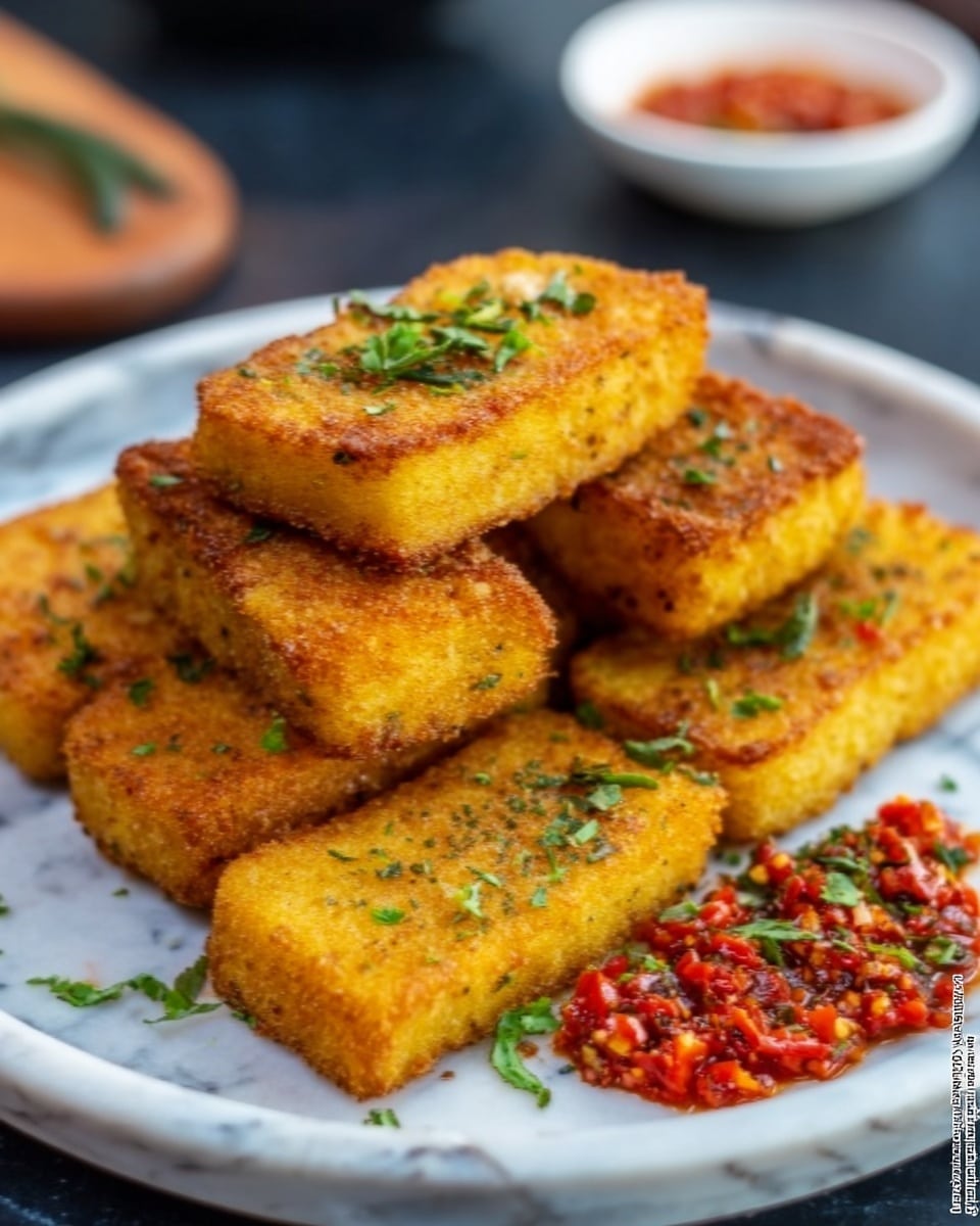 The image shows a round white plate filled with seven rectangular golden-brown fried pieces, stacked slightly in the center. The fried pieces have a crispy texture with some green herbs sprinkled on top. On the right side of the plate, there is a small pile of red chili sauce, adding a bright contrast. In the background, there is a blurred white bowl with more sauce and a white marbled surface underneath. The lighting highlights the warm, crispy texture of the fried pieces, making them look appetizing. photo taken with an iphone --ar 4:5 --v 7