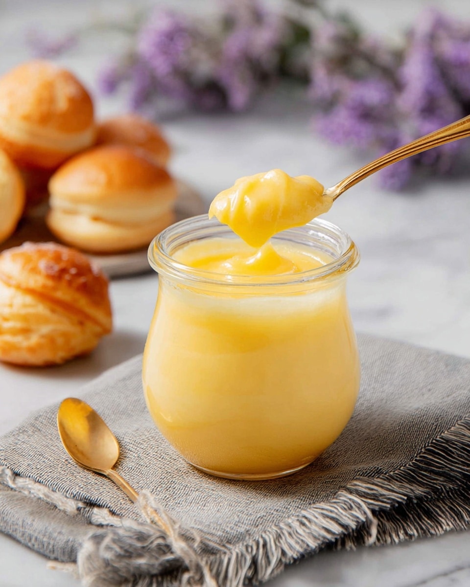 A small clear glass jar filled with smooth, creamy bright yellow lemon curd, with a golden spoon resting inside the jar and holding a dollop of the curd above it. Next to the jar is a single golden brown puff pastry with a light, flaky texture and curved layered ridges on top. In the background, several more puff pastries are placed loosely in a brown paper bag. The jar and pastries sit on a soft grey cloth with fringed edges, all placed on a white marbled surface with blurred purple flowers in the back. Photo taken with an iphone --ar 4:5 --v 7
