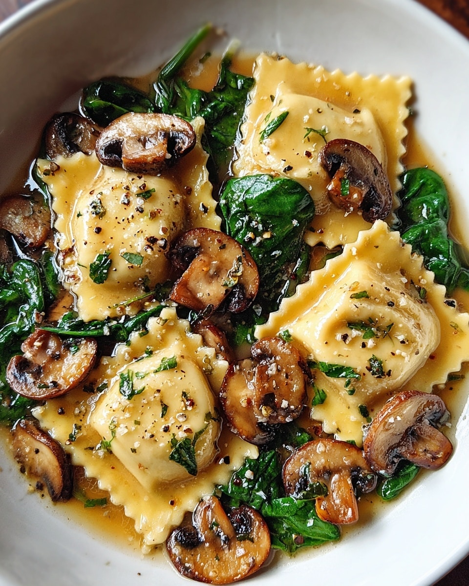 This image shows a white bowl filled with a dish of four large square ravioli pieces, light beige in color with crimped edges, floating in a shallow pool of brown buttery sauce. The ravioli are topped with chopped green herbs and sprinkled with cracked black pepper. Around and beneath the ravioli are several sautéed, glossy brown mushroom slices and vibrant dark green spinach leaves that add texture and color contrast. The sauce has a smooth, slightly oily surface that catches the light, giving the dish a rich appearance. The bowl is set on a white marbled surface. Photo taken with an iphone --ar 4:5 --v 7