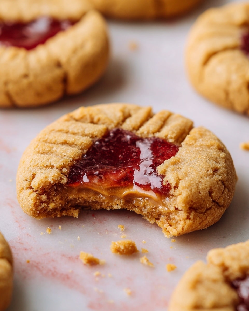 A close-up shows a soft peanut butter cookie with a bite taken out from the bottom left, exposing the crumbly texture inside. The cookie is round with a golden brown color and has a shiny, red jam layer spread in a cross pattern on top, the jam looks thick and slightly gooey. Crumbs are scattered on a white marbled surface beneath the cookie, with parts of other cookies blurred in the background. photo taken with an iphone --ar 4:5 --v 7