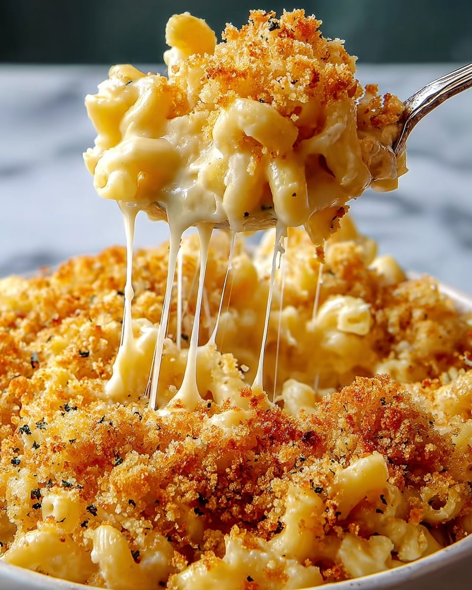 A close-up of a cheesy macaroni and cheese being lifted with a spoon, showing three distinct layers: the top crumbly golden-brown breadcrumb crust with crispy texture, the middle creamy light yellow cheese sauce coating tender elbow macaroni, and gooey melted cheese strings stretching from the main dish below, all in a white bowl with a white marbled background. photo taken with an iphone --ar 4:5 --v 7