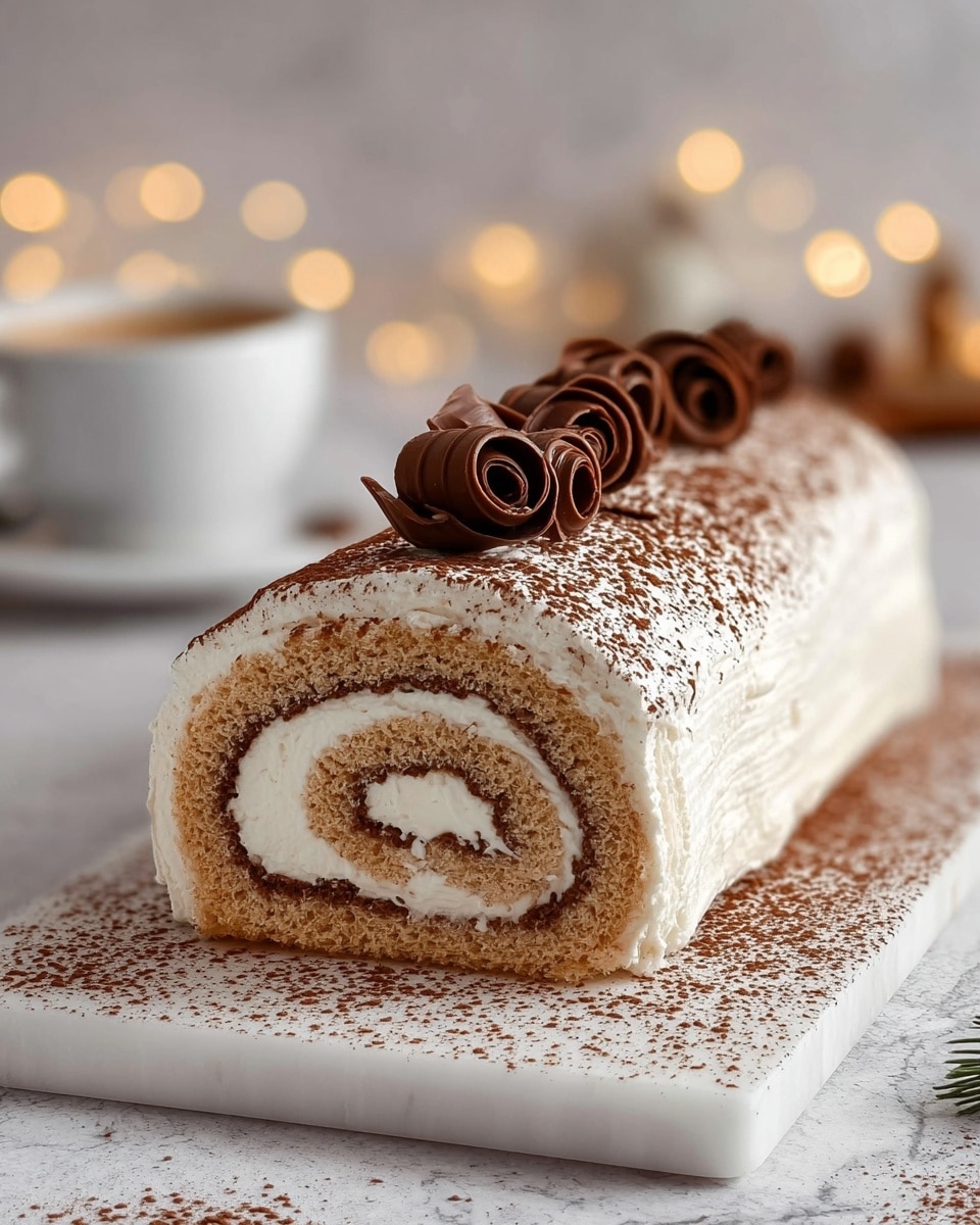 A rectangular cream roll cake with three visible layers starts with a light brown sponge cake rolled with a creamy white filling that spirals inside. The outside is covered in a smooth, thick layer of white cream, dusted evenly with light brown cocoa powder. On top, there are several dark brown chocolate curls arranged in a row, creating a decorative pattern. The cake rests on a white marbled surface with a slight dusting of cocoa powder around it. In the soft-focus background, a white cup of coffee and some blurred lights add a cozy atmosphere. Photo taken with an iphone --ar 4:5 --v 7