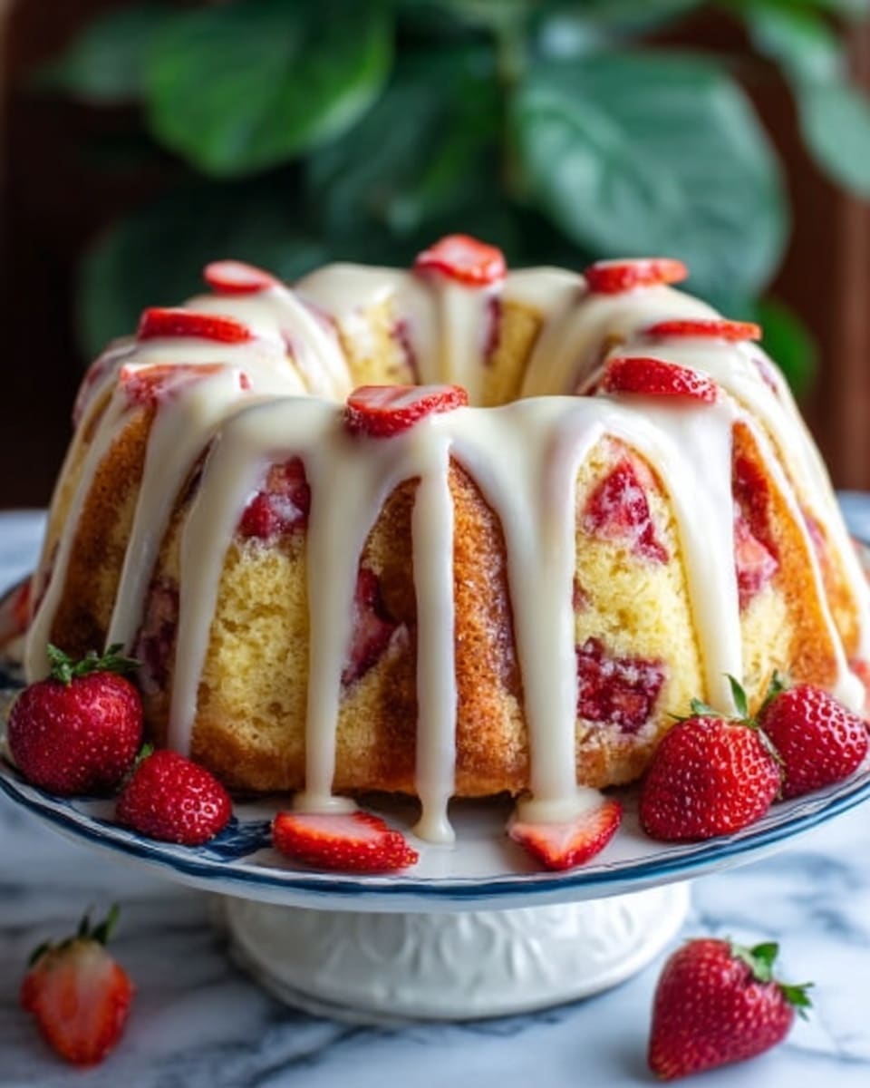 A round bundt cake is shown on a white cake stand with blue edges, sitting on a white marbled surface. The cake has visible slices of fresh strawberries baked into its sides, making bright red spots against the golden cake. A thick white glaze is poured over the top, flowing down in smooth, shiny layers that drip almost to the plate. The glaze contrasts with the warm colors of the cake and strawberries. Fresh strawberries are scattered around the base of the cake stand. The background is softly blurred with green plant shapes. Photo taken with an iphone --ar 4:5 --v 7