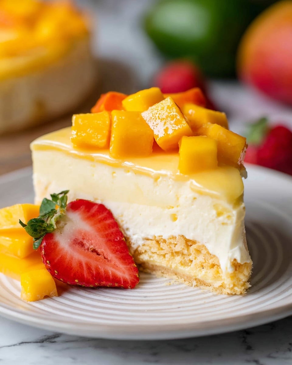 A single slice of mango cheesecake is shown on a white plate with subtle circular patterns. The dessert has three clear layers: a bottom creamy white crust, a thick middle yellowish sponge cake layer with a moist texture, and a top creamy pale yellow layer that is smooth and glossy. On the top layer, chunks of bright orange mango pieces are generously spread, along with a halved fresh red strawberry with seeds visible and green leaves still attached near the edge. Some mango cubes are placed beside the cheesecake on the plate. The background features blurred green and red fruits on a white marbled surface. photo taken with an iphone --ar 4:5 --v 7