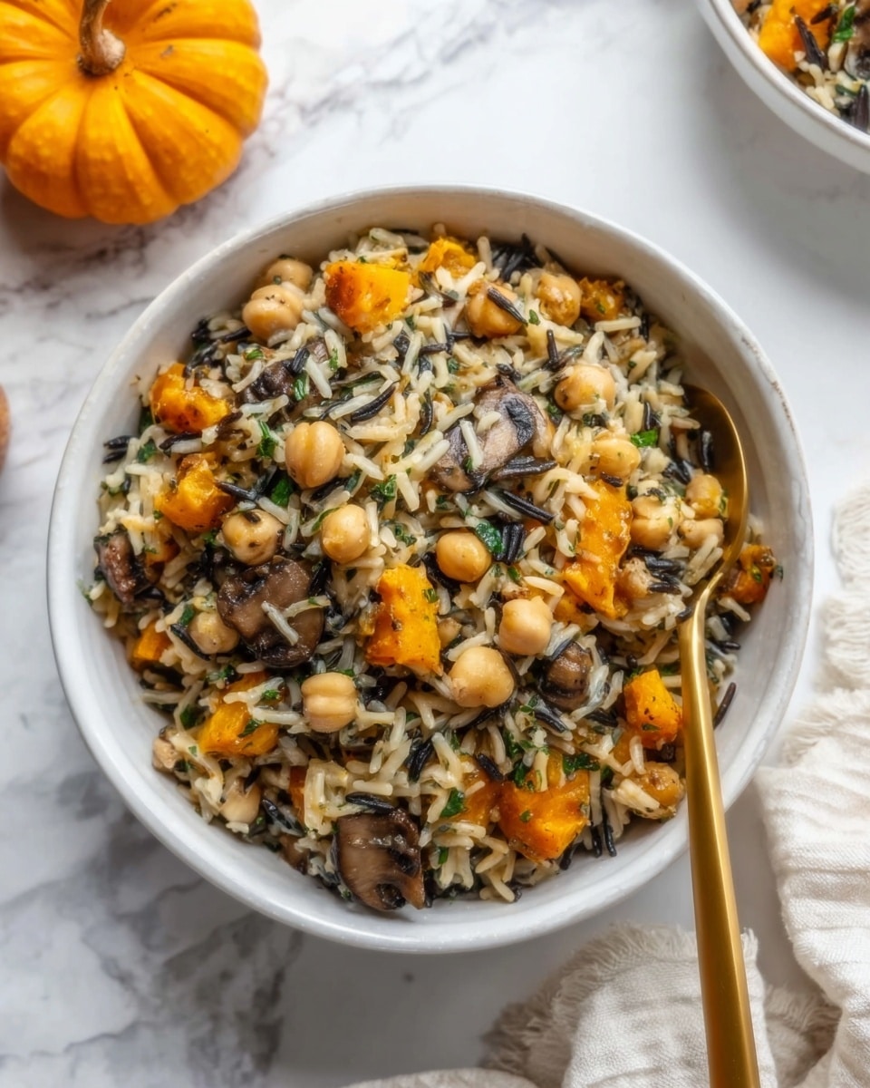 A white bowl filled with a creamy mixture of wild rice, chickpeas, spinach, and chunks of orange roasted pumpkin layered evenly throughout. The rice is fluffy with green spinach leaves scattered, soft beige chickpeas, and bright orange pumpkin pieces, all coated in a creamy sauce. A golden spoon rests inside the bowl, angled towards the right side, and the bowl sits on a white marbled surface with a small pumpkin visible in the top left corner and a crumpled white cloth on the right. Photo taken with an iphone --ar 4:5 --v 7