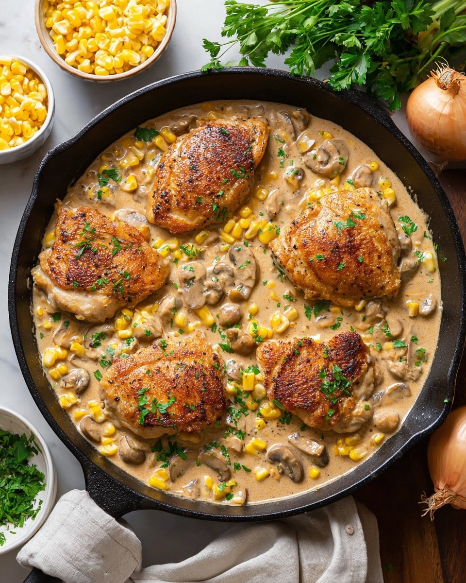 A close-up view of a black cast iron pan containing four large browned chicken breasts arranged in a loose circle, sitting on a creamy beige sauce filled with yellow corn kernels and small pieces of mushroom. The sauce looks smooth and thick, covering the base of the pan. Fresh green parsley leaves are scattered on top of the chicken and sauce for color contrast. Around the pan, there are two small white bowls filled with corn kernels, fresh green herbs, a yellow corn cob, a white kitchen towel, and a light brown onion, all placed on a white marbled surface. photo taken with an iphone --ar 4:5 --v 7