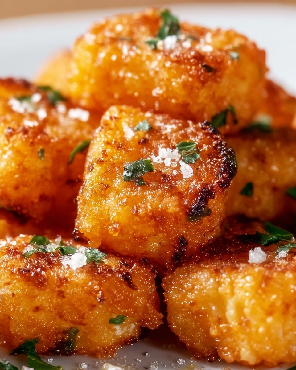 The image shows several golden-brown, crispy rectangular pieces stacked closely, each piece covered in a crunchy breaded coating with some charred spots. Small flakes of sea salt are sprinkled on top, along with finely chopped bright green parsley leaves, adding a fresh contrast to the warm tones. The texture is crunchy and slightly rough, with a warm, inviting look. The pieces appear thick and evenly fried, filling the whole view with a close-up perspective. The background is a white marbled texture. photo taken with an iphone --ar 4:5 --v 7